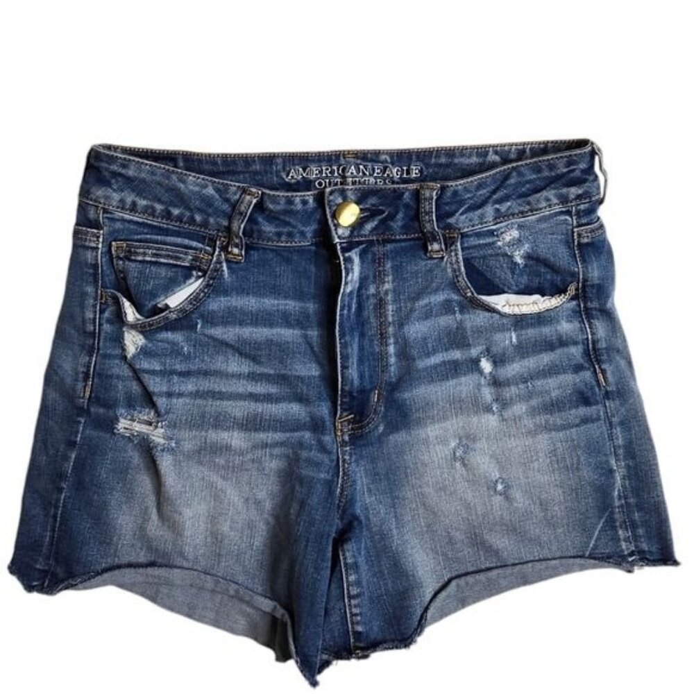 American Eagle hi-rise shortie medium wash lightly distressed cutoff short 14